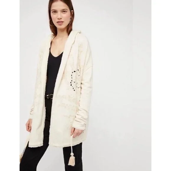 Free People Ivory French Terry Relaxed Hooded Wrap Cardigan Jacket Coastal Boho